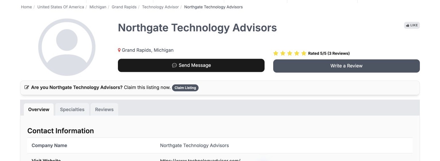 Northgate Technology Advisors listing with the Claim Listing button near the top of the page