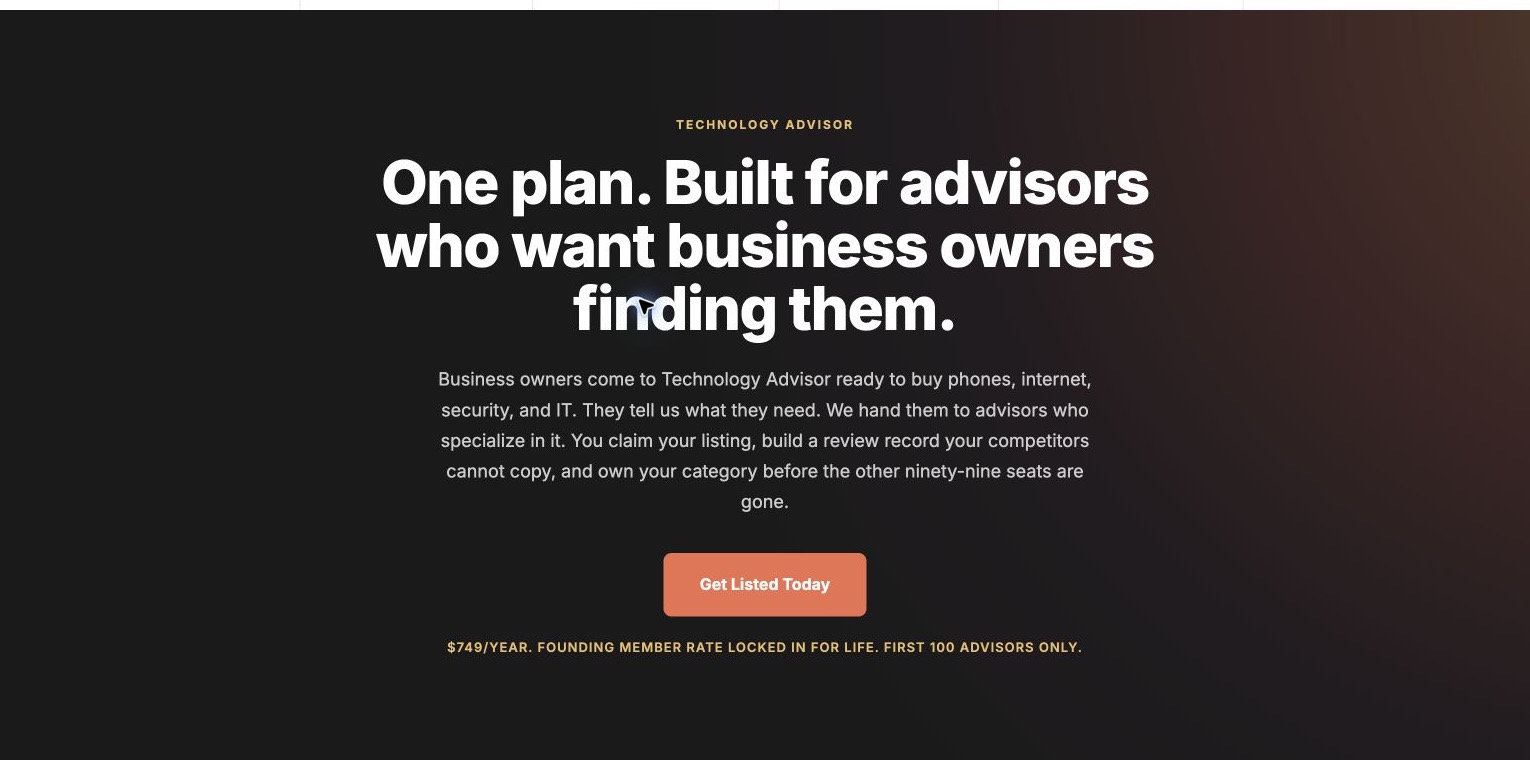 TechnologyAdvisor.com membership page with the Get Listed Today button highlighted