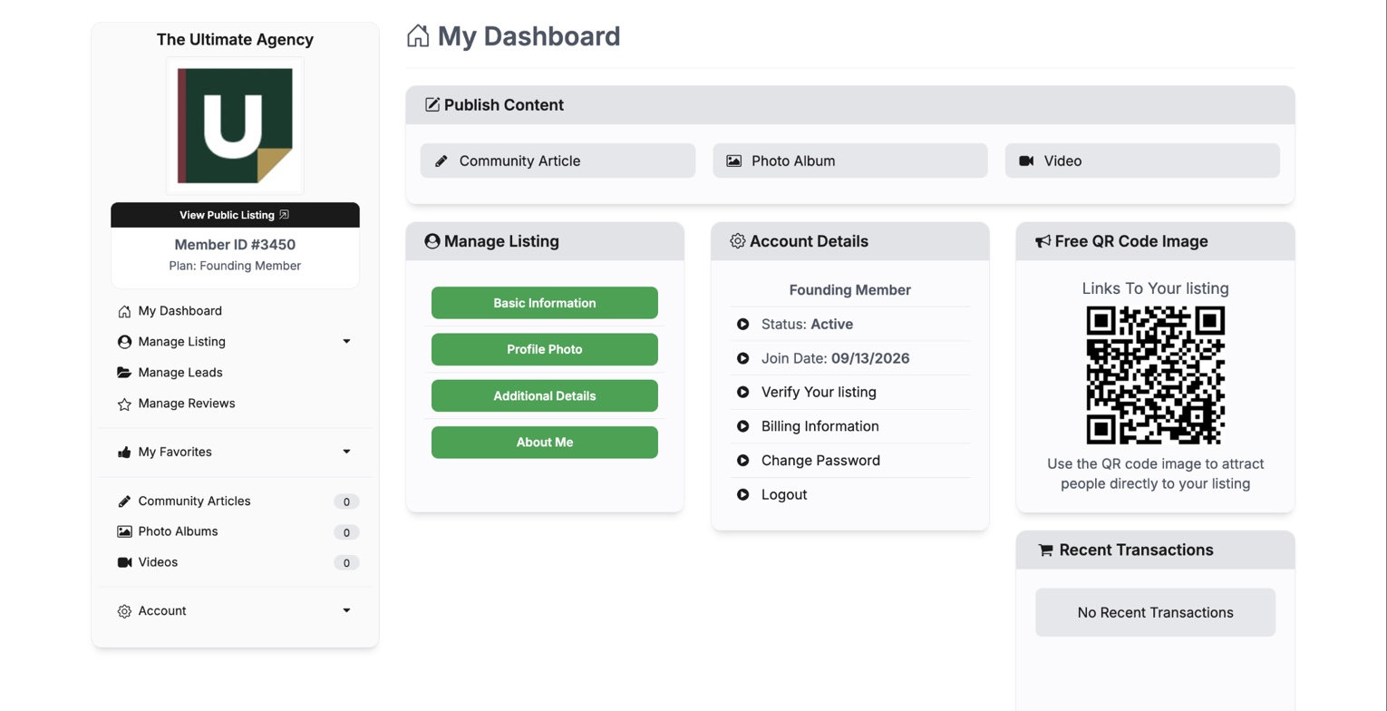 The Ultimate Agency Founding Member dashboard showing the four Manage Listing sections
