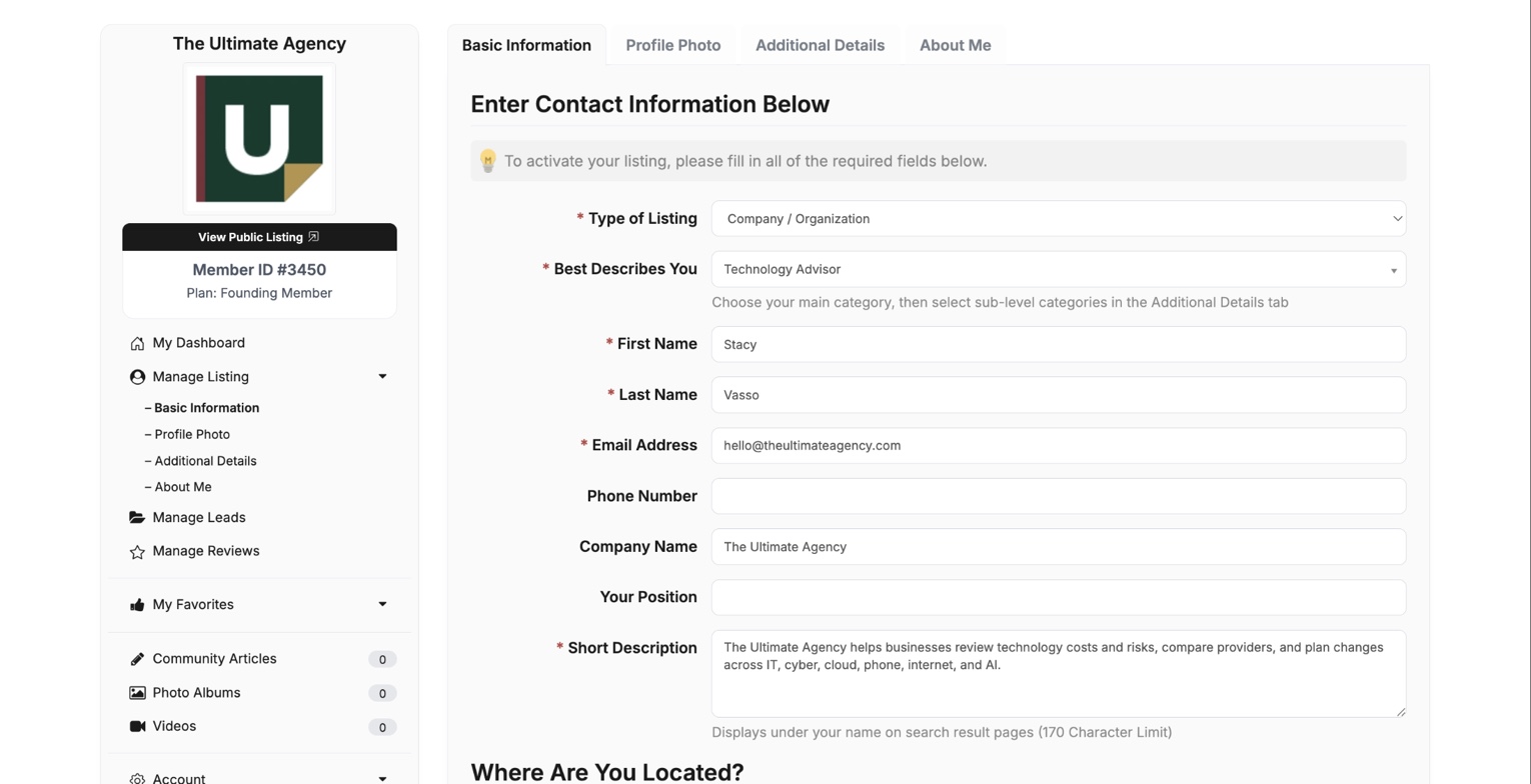 The Ultimate Agency Basic Information form with contact details and a buyer-focused short description