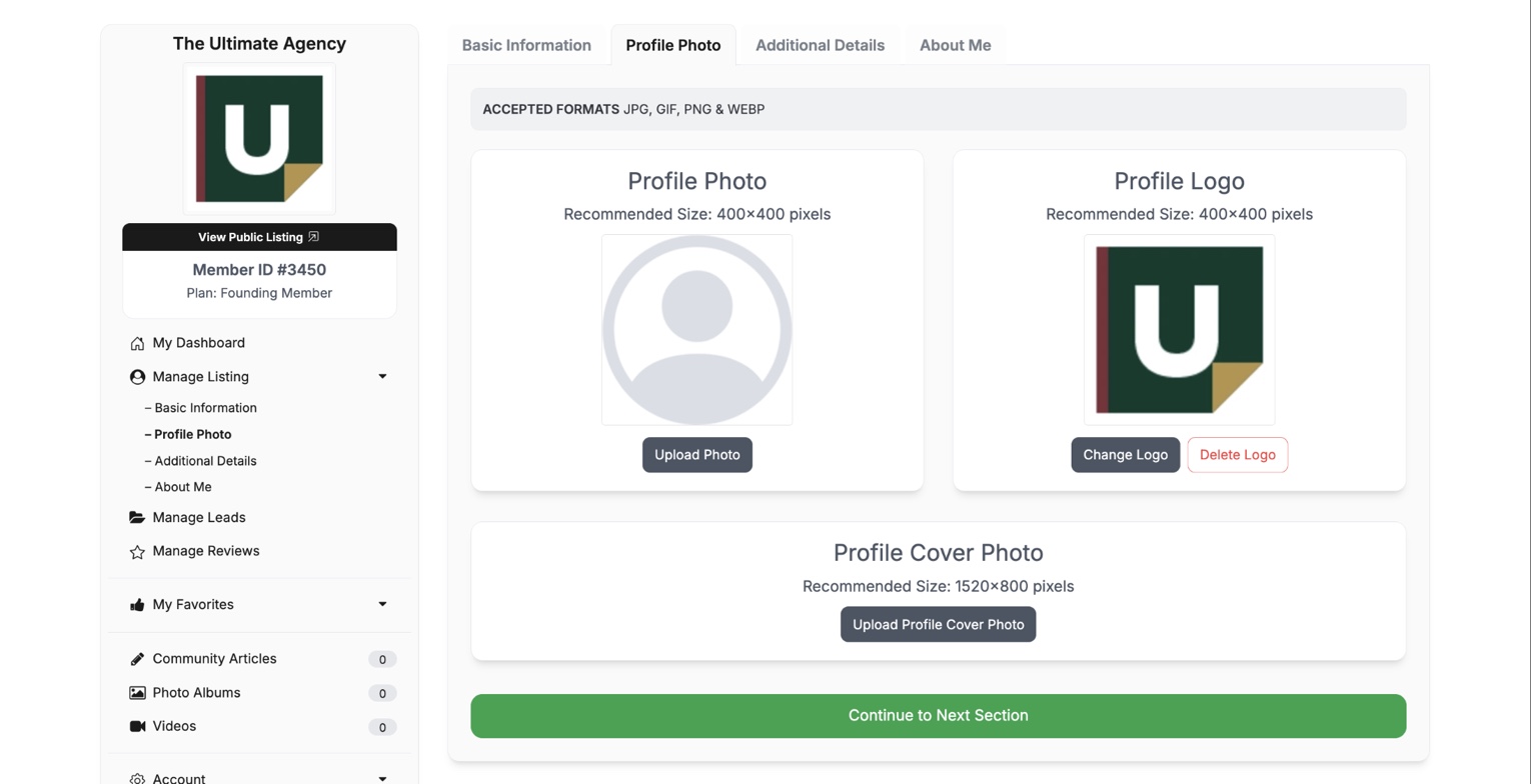 Founding Member profile-image screen showing separate Profile Photo, Profile Logo, and Profile Cover Photo controls