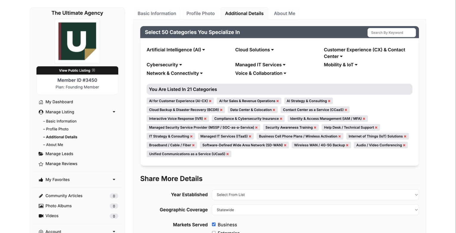 The Ultimate Agency Additional Details screen showing selected specialties and company details