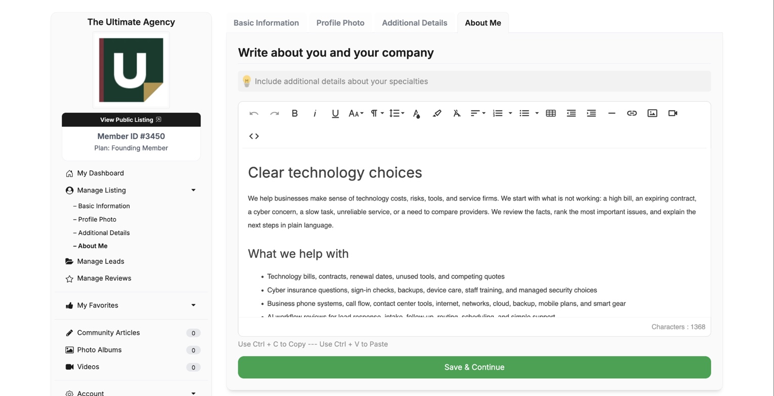The Ultimate Agency About Me editor containing a clear buyer-focused company description