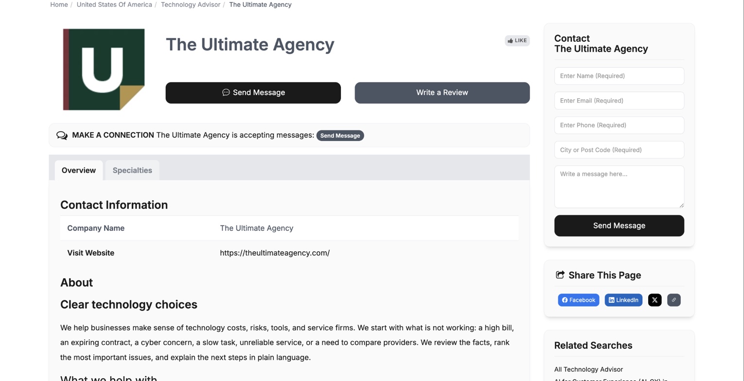 The Ultimate Agency public listing showing its logo, contact actions, company information, and About content