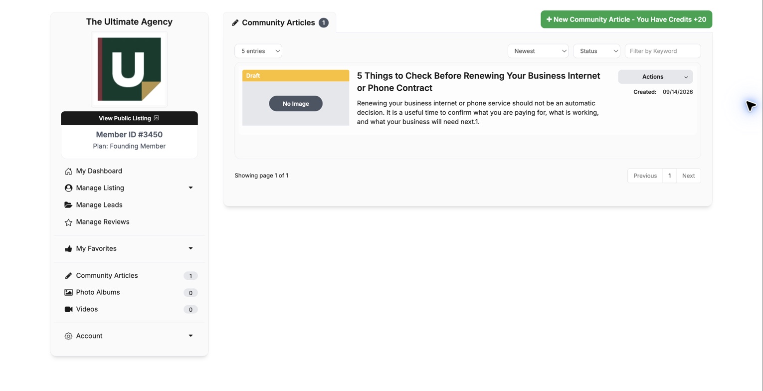 The Ultimate Agency Community Articles page with the New Community Article button