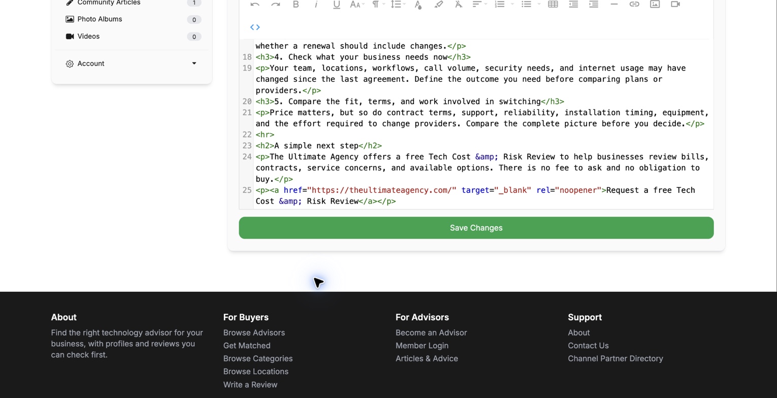 Community article editor in Code View showing clean basic HTML