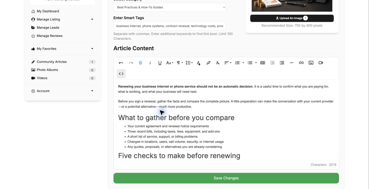 Community article editor showing a bold introduction, section heading, and bullet list